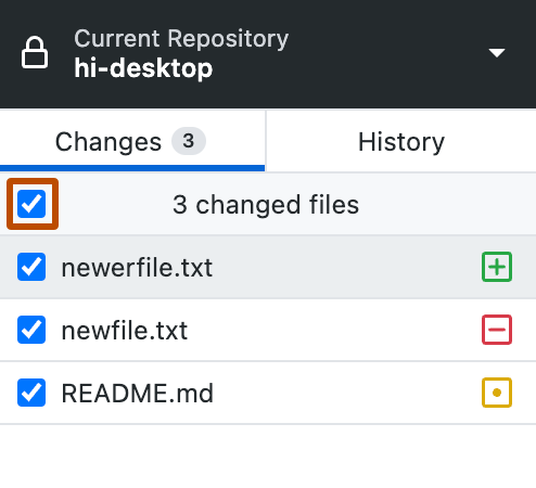 Screenshot of the "Changes" tab. Above the list of changed files, next to the text "3 changed files," a selected checkbox is outlined in orange.